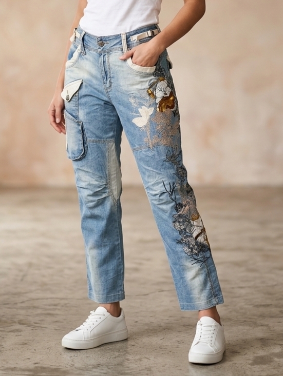 NPJ Denim - Vintage Y2K NPJ Floral Embroidered, Contrast Pocket Jeans Size Medium